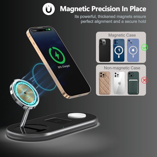 2025 Enhanced 3-in-1 Charging Station for Apple Devices | Fast Magnetic Mag-Safe Wireless Charger for i Phone 16/15/14/13/12, Apple Watch 1-10/Ultra, & Air Pods Pro | Sleek Silver Design | Compact & Portable Charging Solution for Home and Travel | Superior Compatibility and Rapid Charging Efficiency