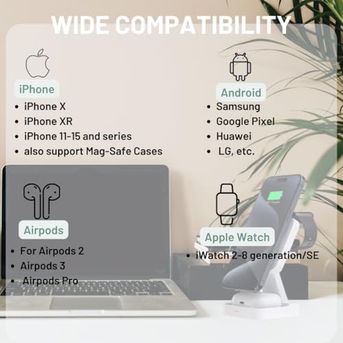 Ultimate 3 in 1 Wireless Charging Station for i Phone 16, 15, 14 Pro Max, Apple Watch & Air Pods – Fast Qi-Certified Dock for Android Devices, Sleek Bedside Solution for Efficient Multi-Device Charging