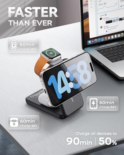 RORRY 10,000 m Ah 3-in-1 Portable Charging Station – Versatile Mag Safe Power Bank for i Phone 12-16 & Apple Watch 5-Ultra 2 – Compact, Foldable Design for Effortless Travel – Dual Charging Ports for Enhanced Efficiency and Speed