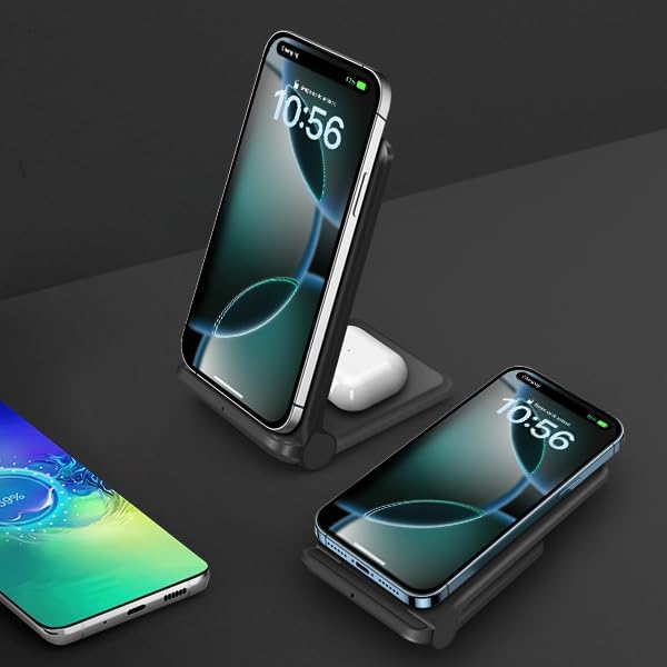 Innovative Dual Device Wireless Charging Stand – 20 W Fast Charge for i Phone 16/16 Pro/15/14/13/12/X & Air Pods, Portable Foldable Induction Station for Samsung, Pixel, LG, Xperia – Hassle-Free Plugless Design for Effortless On-the-Go Power Management