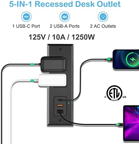Revolutionize Your Charging Setup with the CCCEI Recessed Power Strip Featuring 20 W USB-C Fast Charging and USB-A Port – Sleek Hidden Outlet Solution for Side and End Tables, Complete with 6 FT 45-Degree Flat Plug for Effortless Installation and Enhanced Device Compatibility