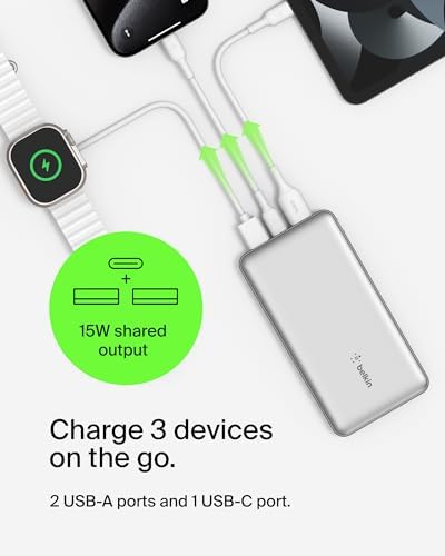 Belkin 10,000 m Ah Portable Charger – Fast Charging USB C Power Bank with Dual USB-A Ports for Multiple Devices, Includes Type-C to Type-A Cable, Compatible with i Phone 16, Samsung Galaxy S25, Nintendo Switch 2, i Pad & More – Lightweight Blue Design for Effortless Portability and Enhanced Power Delivery