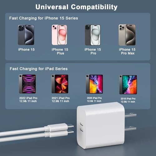 Ultimate i Phone 15 Fast Charge Bundle: 20 W Dual-Port USB-C Wall Charger with 10 FT Cable – Rapid Power Delivery & Quick Charge for i Phone 15, i Pad Pro, Air, Mini – Ideal for Travel & Dual Device Charging Convenience