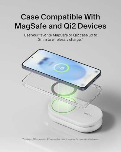 Revolutionize Your Charging Experience with the Belkin 2-in-1 Magnetic Foldable Charger – 15 W Qi2-Certified Wireless Power for Apple i Phone 16 & Samsung Galaxy S25 with Non-Slip Stability – Sleek White Design for Home, Office & Travel – PSU Included for Instant Use and Enhanced Device Compatibility