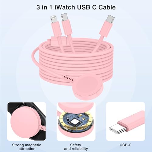 Ultimate 3-in-1 Magnetic Charger for Apple Watch – Fast USB-C Charging Cable for i Phone & i Pad Compatibility – 6 FT Versatile Length for All Apple Watch Series – Durable Design for Effortless Home and Travel Charging