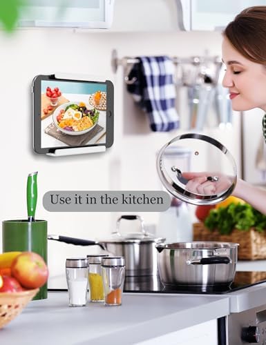 Universal Tablet Wall Mount for i Pad Mini, Pro & Air – Versatile Adhesive/Screw Holder for Samsung, Kindle & Smartphone – Sleek Black Design for Organized Spaces and Hands-Free Convenience – Ideal for Home & Office Use