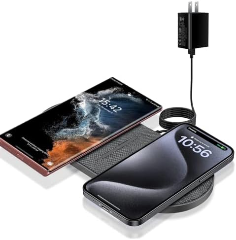 40 W Dual Fast Wireless Charging Pad – Efficient 20 W Charger for i Phone 16/15/14/13/12/11/SE/X/XS & Samsung Galaxy S25 with Air Pods Compatibility – Sleek Black Design with Adapter for Enhanced Charging Experience and Safety Features
