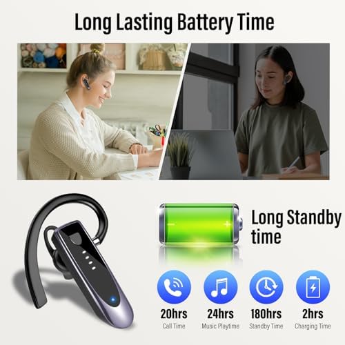 Atheewon Bluetooth Earpiece: Premium Wireless Headset with Advanced Noise-Cancellation | 20-Hour Talk Time & 180-Hour Standby for Ultimate Convenience | Perfectly Ergonomic Design in Modern Silver and White | Bluetooth 5.4 Technology for Reliable Connectivity | Ideal for Business Professionals, Truckers, and Drivers Seeking Crystal-Clear Communication