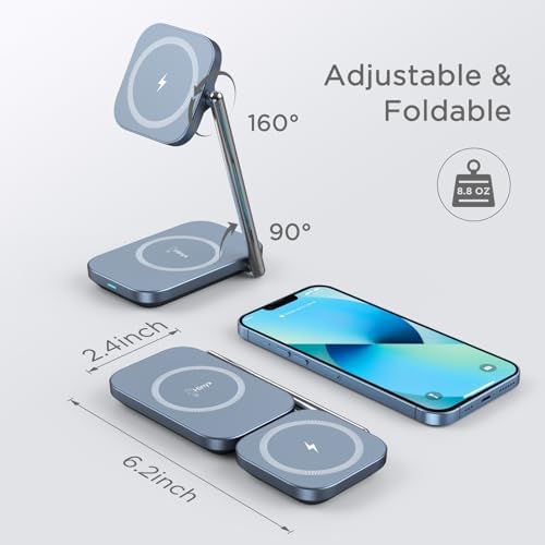 Elevate Your Charging Game with the Premium 2-in-1 Mag Safe Charger Stand – Swift 20 W Wireless Power Solution for i Phone 15/14/13/12 & Air Pods 3/Pro/2 – Robust Zinc Alloy Design with Foldable Portability for Effortless Device Alignment – Perfect for Organized, Tangle-Free Charging Spaces