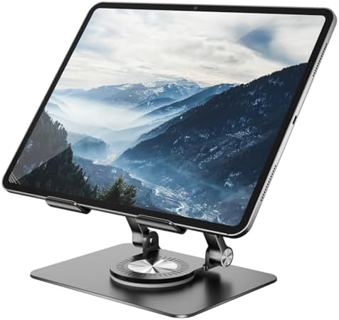 Versatile 360° Rotating Tablet Stand Holder – Durable Dual Rod Aluminum Design for Enhanced Stability and Adjustable Viewing – Universal Compatibility with i Pad, Samsung, Kindle, and More – Sleek Black Finish for Modern Workspaces – Perfect for Multitasking, Video Watching, and Reading Comfortably