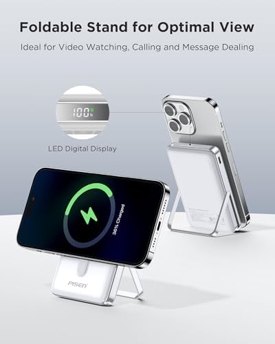 PISEN Mag-Safe 10000 m Ah Portable Power Bank – Wireless Fast Charging Battery Pack with Foldable Stand & LED Indicator for Effortless On-the-Go Charging, Compatible with i Phone & Android – Ultimate Convenience & Reliability
