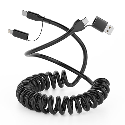 Versatile 4-in-1 Coiled USB C and Lightning Cable for i Phone 15 and 16 – 3 FT Fast Charging Car Charger Cord with 60 W Power Output, Stylish Pink Design, Compatible with Car Play and Android Auto for Ultimate Convenience and Enhanced Connectivity