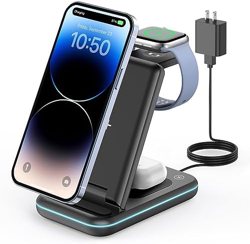 GEEKERA 3-in-1 Foldable Wireless Charging Station for Apple Devices – Fast Charge Your i Phone 16/15/14/13/12/11 Pro Max, Apple Watch Ultra/10/9/SE/8/7/6/5 & Air Pods Pro/4/3/2 with Travel-Friendly Design – Ultimate Multi-Device Charging Solution for Home & On-the-Go Efficiency