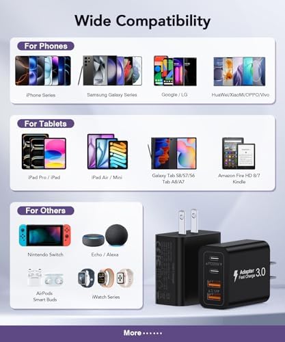 40 W USB C Multi-Device Fast Charger – 4-Port Power Adapter for i Phone & Samsung – Sleek Black Compact Travel Charger with Dual PD & QC Technology for Efficient Home and On-the-Go Charging Solutions – Perfect for Busy Professionals and Families