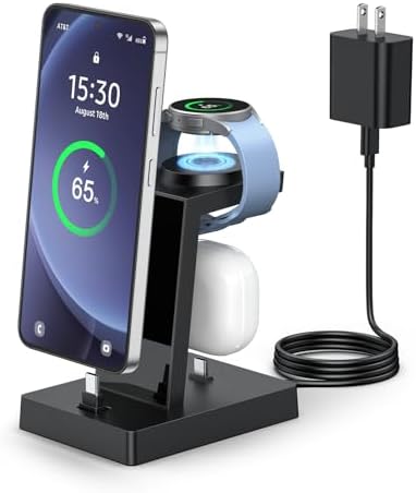 NANAMI 30 W USB C Charging Station – Versatile 3-in-1 Fast Charger for Samsung Galaxy Devices & i Phone 15/16 Pro Max – Compact Design with Dedicated Stands for Galaxy Watch & Buds Pro – Enhanced Speed & Safety Features for Home, Office, and Travel