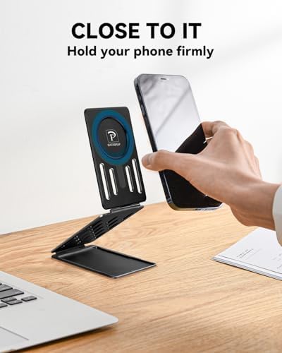 Magnetic Tri-Fold Cell Phone Stand for Desk, Adjustable Metal Phone Holder for Magsafe, Portable & Foldable Card Phone Mount for Recording, Office Small Stand for iPhone 16/15/14/13/12(Black) – Enhanced Compatibility and Speed