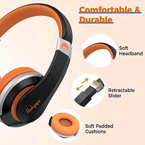 Rockpapa HS20 Kids Wired Headphones – Super Lightweight & Foldable Design with Integrated Microphone, Perfect for School, Travel & Entertainment – Compatible with Tablets & Smartphones, Stylish Black & Orange for Ages 3-15, Ideal for Learning, Play, and Hands-Free Communication