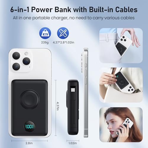 Revolutionary Magnetic Portable Charger for i Phone – 6-in-1 Power Bank with 10,800 m Ah Capacity, Built-in Cables, Apple Watch Charger, and LCD Display – 25 W PD Fast Charging for i Phone 16/15/14/13/12 and Mag Safe Compatibility – Ultimate On-the-Go Charging Solution