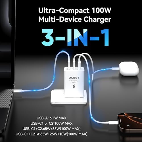 Power Up Your Devices with the 100 W USB-C Fast Charger Block – Ultimate Dual Pack for Mac Book Pro/Air, i Phone 16/15 Pro Max, i Pad & Tablets – Includes 10 FT Type-C Cable for Enhanced Convenience and Rapid Charging – Compact, Lightweight Design for Travel – Ideal for Professionals and Students Seeking Efficiency and Reliability
