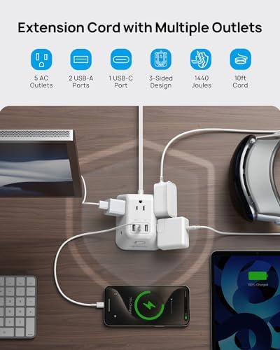 Ultimate Desk Clamp Power Strip: 5 AC Outlets & 3 USB Fast Charging Ports, Mountable Surge Protector for Home Office & Gaming, Fits 1.97″ Thick Table Edges, 6 FT Flexible Extension Cord, Enhance Productivity & Organize Your Workspace