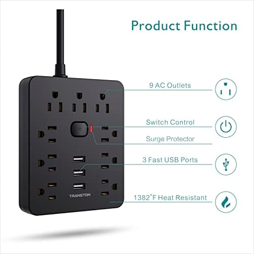 Ultimate Power Strip Surge Protector with 9 Outlets & 3 USB Ports – Fireproof Desktop Charging Hub with Space-Saving Flat Plug for Home & Office, 5 ft Extension Cord, Enhanced Safety & Speed for All Devices