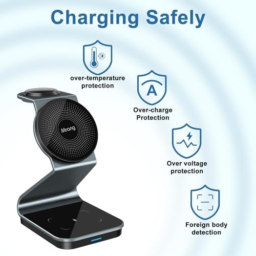 Sleek 3-in-1 Aluminum Alloy Wireless Charger Stand for i Phone, i Watch & Air Pods – Fast Mag-Safe Charging Station with Cable & Adapter Included for Ultimate Device Compatibility and Convenience