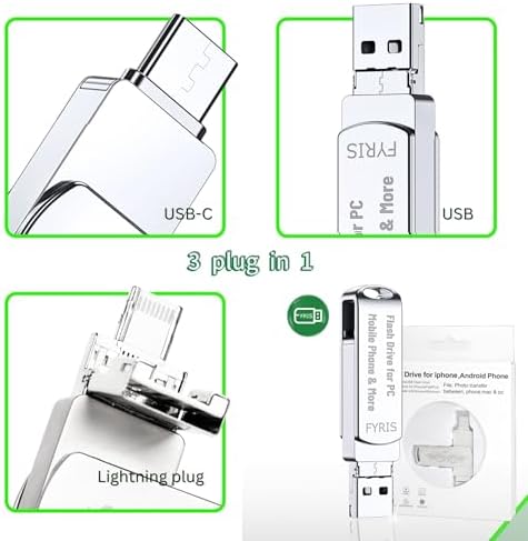 FYRIS 3-in-1 i Phone Flash Drive – 256 GB MFi Certified External Storage for Photos and Videos | USB, Type-C, Lightning Compatibility | Sleek Skull Design for i Pads, Galaxy Phones, Macs, and PCs | High-Speed Data Transfer for Effortless File Management