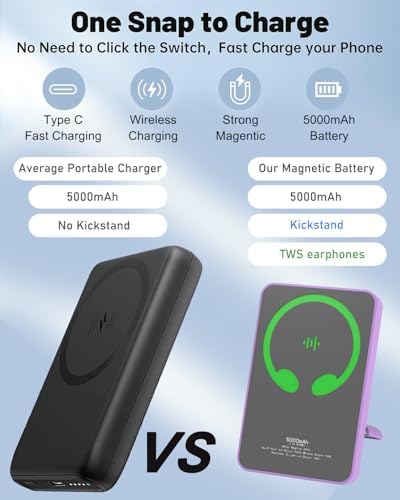 Magnetic 2-in-1 Portable Power Bank and True Wireless Earbuds: 5000 m Ah Mag-Safe Charger for i Phone 16/15/14/13/12 – Ultimate Audio and Charging Solution in Sleek Black Design for On-the-Go Users