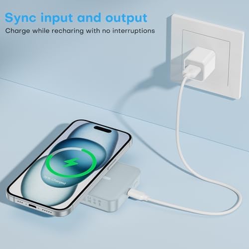 OMOTON 10,000 m Ah Magnetic Power Bank with Foldable Stand – Fast Charging Battery Pack for i Phone 15 and Above, Enhanced LED Display for Real-Time Monitoring, Sleek Gray and White Design for Ultimate Portability and Style