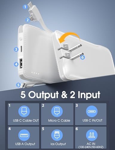 Ultra-Slim 10,000 m Ah TG90° Portable Power Bank with Built-in Lightning and USB-C Cables – Fast Charging, Lightweight Battery Backup for i Phone and Android Devices – Essential On-the-Go Charger for Busy Lifestyles