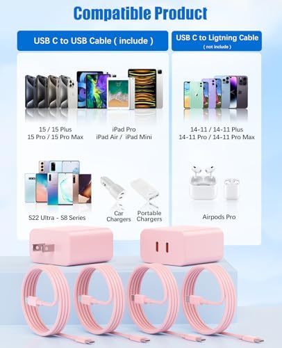 Ultra-Fast 40 W Dual-Port USB-C Charger with 4 Premium 6 FT Cables | Perfect for i Phone 16/15 Pro Max, i Pad Pro & Samsung S24 | Compact, Travel-Ready Design for Effortless Charging | Experience Rapid Power Delivery & Versatile Compatibility for All Devices