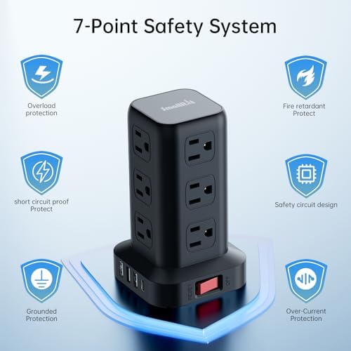 15 FT USB C Surge Protector Power Tower with 12 AC Outlets & 4 Rapid Charging USB Ports – Ultimate Overload Protection for Home and Travel Efficiency – Compact, Versatile Charging Solution for Modern Devices