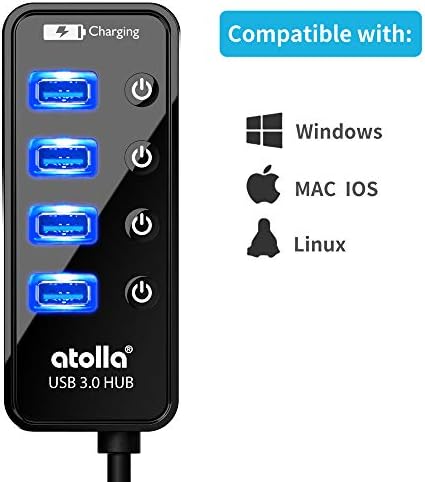 Enhance Your Connectivity with the atolla USB 3.0 Hub – 4-Port Super Speed Splitter with Individual On/Off Switches and Dedicated Charging Port for Seamless Device Management and Fast Data Transfers (2 Feet Long, No AC Adapter Required)