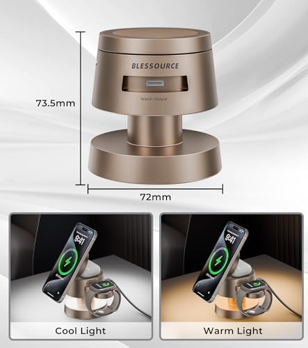 Sleek 4-in-1 Wireless Charging Station with Night Lamp – Fast Aluminum Alloy Charger Dock for i Phone 16/15/14/13/12, Apple Watch & Air Pods – Multi-Device Convenience in Stylish Grey Finish – Ideal for Decluttering Nightstands and Workspaces