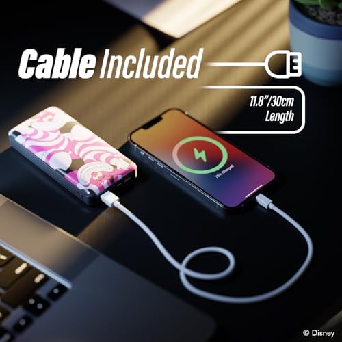 Disney Alice in Wonderland Portable Power Bank – 10,000 m Ah Slim Charger with USB-A for All Devices – Chic Cheshire Cat Design for Disney Fans – Ideal Travel Companion and Unique Gift for All Ages – Perfect for Charging Smartphones, Headphones, and Smartwatches – Officially Licensed Disney Merchandise