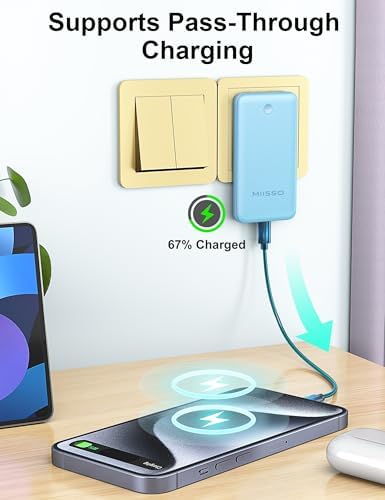 miisso Ultra Slim 10000 m Ah Portable Power Bank with Built-in Cables and Foldable Wall Plug – Compact USB-C Charger for i Phone, Samsung, i Pad & More – Perfect Travel Companion for On-the-Go Charging Efficiency