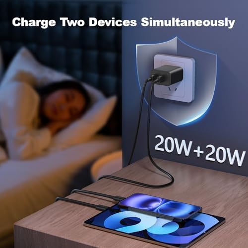 Dual Port 20 W USB-C Fast Wall Charger Set with Two 6 FT Cables – High-Efficiency Power Adapter for i Phone 16/15 & Galaxy S24/S23/S22, Compact Travel Design, Enhanced Overcharge Protection and Universal Compatibility for Optimal Charging Performance