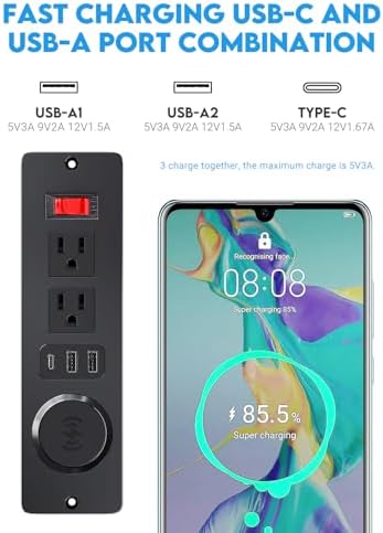 Recessed Power Strip with 15 W Wireless Charging & PD20 W USB-C Fast Charge – Sleek Flush Mount Design for Nightstands, Sofas, and Tables – Maximize Space and Efficiency with Dual Outlets and USB Ports for Ultimate Convenience