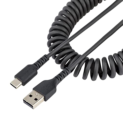Durable 20-Inch Coiled USB A to C Charging Cable – Heavy-Duty USB 2.0 Fast Charge & Sync Cable, Sleek Black Design for Enhanced Portability and Compatibility with All Devices