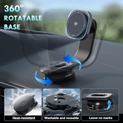 Coverado Premium QI2 15 W Wireless Car Charger with Adjustable Aluminum Alloy Arm and Magnetic Phone Holder – Ultimate Dashboard & Windshield Mount for i Phone 16/15/14/13 – Fast, Secure, and Versatile Charging Solution for Modern Drivers
