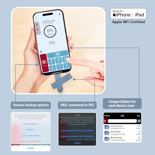 256 GB i Xflash USB Type C & Lightning Photo Backup Stick – Apple MFi Certified Storage Solution for i Phone & i Pad – Effortless Photo and File Transfer with High-Speed Performance – Ultimate Dual Compatibility for Travelers and Photographers