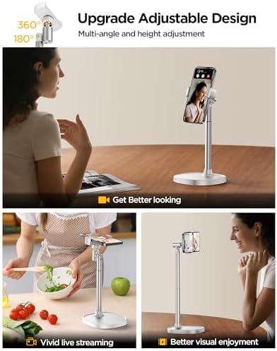 DIMONCOAT Adjustable Aluminum Alloy Cell Phone Stand – White, Universal Compatibility with 4-7 inch Devices, 180° Flip & 360° Rotation – Enhanced Compatibility and Speed