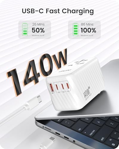 LENCENT 85 W Universal Travel Adapter with Retractable USB-C Cable – High-Speed International Plug Converter Featuring 3 Type-C & 1 USB-A Ports for Effortless Worldwide Charging – Your Ultimate Travel Essential for Maximum Compatibility, Fast Charging, and Ga N Technology Efficiency