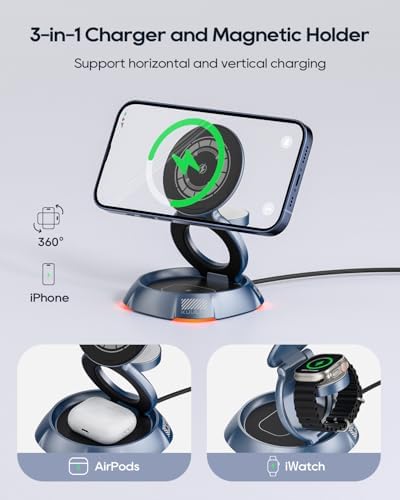 Kuulaa 3-in-1 Portable Wireless Charging Station – Magnetic Fast Charger for i Phone 15/14/13/12 & Air Pods 3/2/Pro – Foldable Design in Stylish Blue for Enhanced Device Organization and Rapid Power-Up Solutions