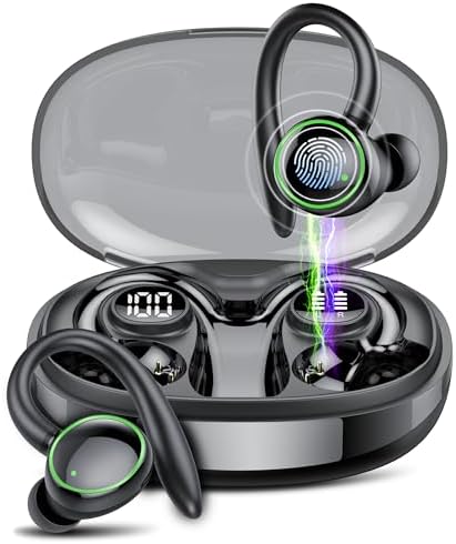 Ultimate Wireless Earbuds with Bluetooth 5.3 – Sport-Ready Headphones Featuring Advanced ENC Noise Cancellation, 48-Hour Battery Life, Secure Fit Earhooks, Deep Bass Sound, and IP7 Waterproofing for Peak Performance – Sleek Black Design for Active Users