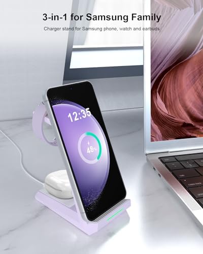 ADADPU 3-in-1 Wireless Charging Station for Samsung Devices – Fast Charging Dock for Galaxy S25, S24, S23, S22, S21, Galaxy Watch Series 7/6/5/4/3/Pro & Galaxy Buds – Includes 5 ft Cable & Adapter for Enhanced Efficiency and Connectivity