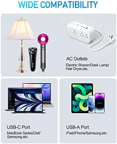 10 FT USB C Surge Protector Power Strip with 6 AC Outlets & 3 Fast Charging USB Ports – Ideal Travel Charging Station with Overload Protection, Flat Plug Design, and Wall Mount Capability for Home Office & Dorm Use – 1875 W/15 A Enhanced Safety & Speed