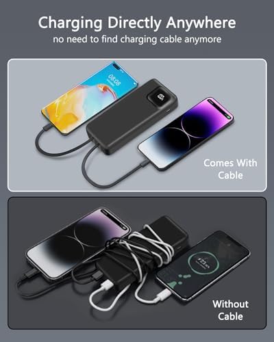 Compact 10,000 m Ah Power Bank with Built-in Cables and 22.5 W Fast Charging – Essential Travel Charger for i Phone, i Pad, Samsung, Google Pixel, LG & More – LED Battery Status Display – Ultimate On-the-Go Charging Solution