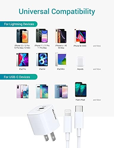Ultra-Fast i Phone Charger Bundle – MFi Certified 6 FT USB-C to Lightning Cable with 20 W PD3.0 Quick Charge Block for Rapid Power Delivery – Compatible with i Phone 14, 13, 12, SE, 11 Pro Max, XS, XR & i Pad – Durable, Compact Design for Everyday Use