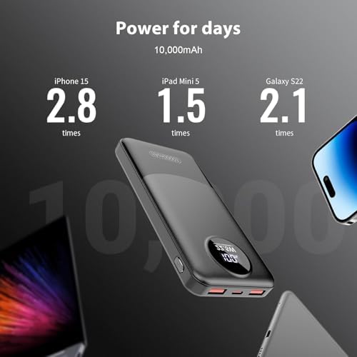 Advanced 10,000 m Ah Portable Charger with 22.5 W Fast Charging – USB-C Power Bank for i Phone 16/15/14/13/12 & Samsung S22/S21 – PD 3.0 & QC 4.0 Compatible with LED Battery Display – Lightweight Multi-Device Power Bank for Travel & Daily Use